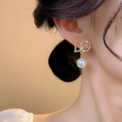  Rhinestone Letter Delicate Big Pearl Pendant Earring